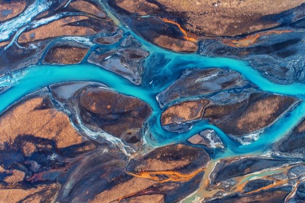 Aerial and top view river in Iceland