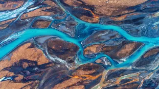 Aerial and top view river in Iceland