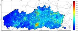 Average number of heat wave days per year for the period 2000-2016 at 100 m spatial resolution according the Belgian Federal Health administration definition