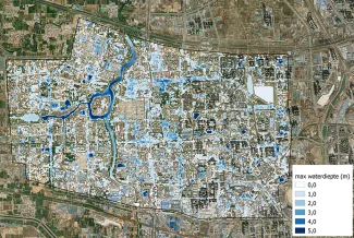 Een Flood4Cast-simulatie van overstromingen in Zhengzhou