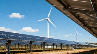 An AI generated image of windmills and solar panels