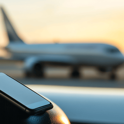 A smartphone charging in an airport terminal