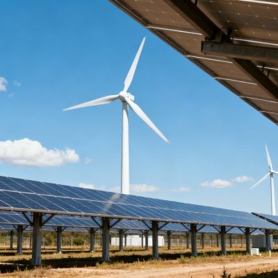 An AI generated image of windmills and solar panels